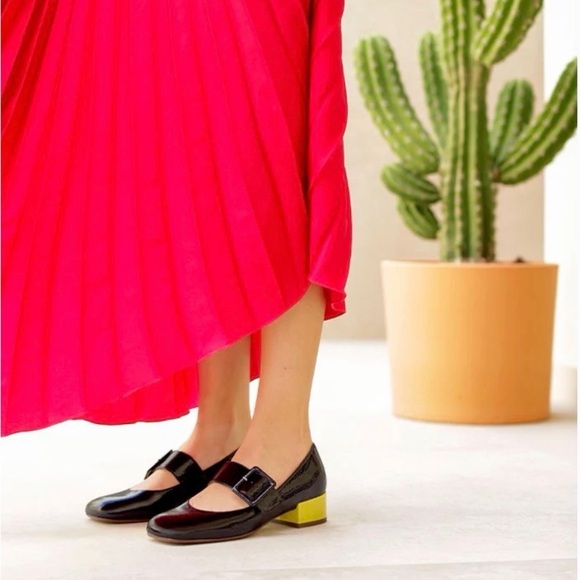 Chie Mihara black leather yellow block heel Mary Janes luxury made in Spain - Picture 10 of 10